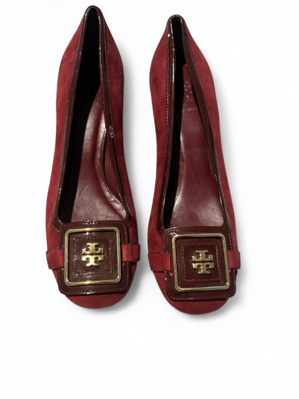 Tory Burch Size 7.5M Burgundy Suede Gorgeous Logo Square-Buckle Flats